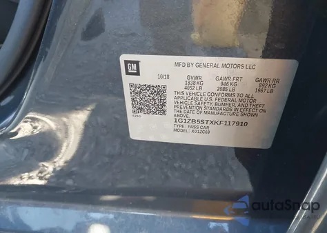 2019 Chevrolet Malibu 1Ls z USA, uszkodzony, nr VIN 1G1ZB5STXKF117910